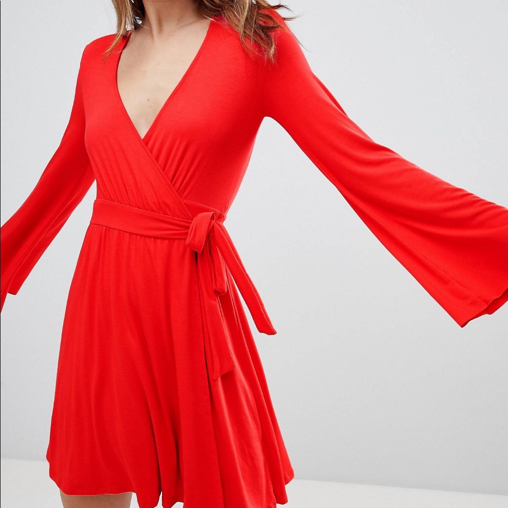 Ivyrevel Wrap Front Mini Skater Dress with Fluted Sleeves in Cherry Red